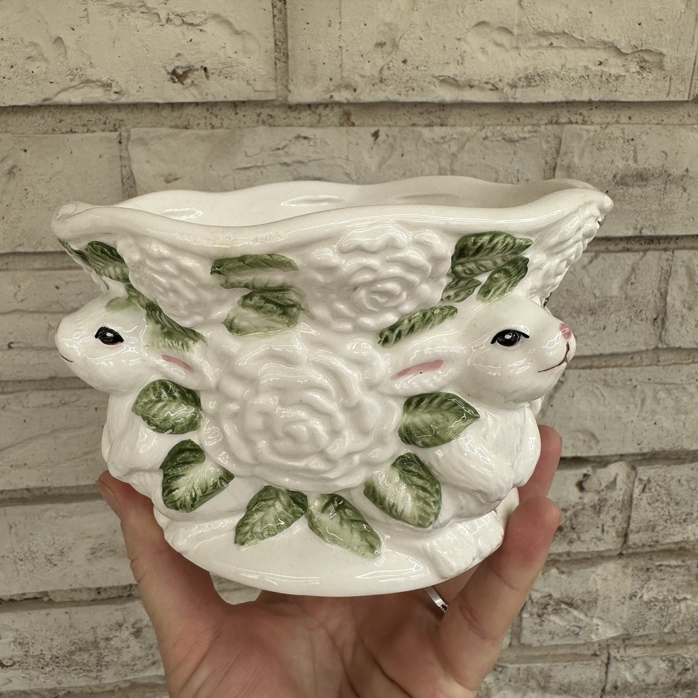 Vintage Caffco Easter Rabbit Planter with White Roses and Green Leaves